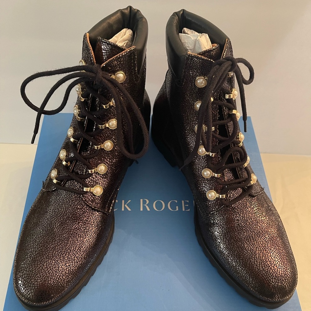 Jack Rogers Peyton lace up faux pearl boots size 9.5 Color gunmetal crackled New